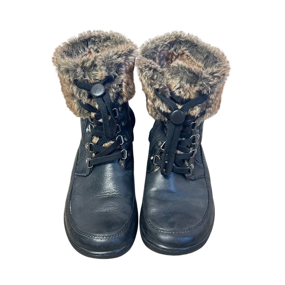 Clarks Womens Black Leather Faux Fur Trim Ankle Boots 9M Gorpcore Winter Lace Up